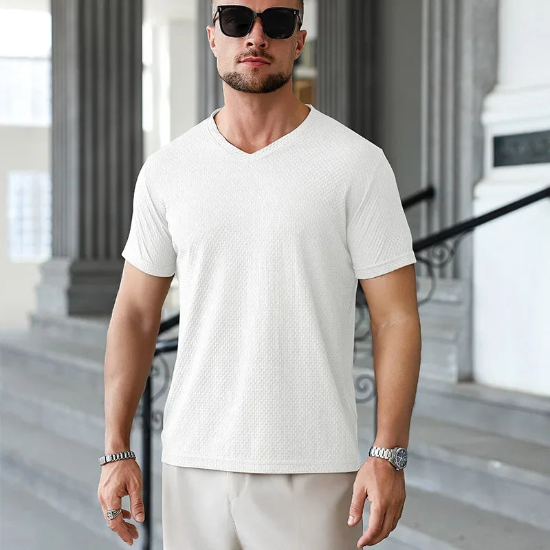 Men's Ice-Silk V-Neck Tee - Jacquard Quick-Dry, Casual Daily Wear