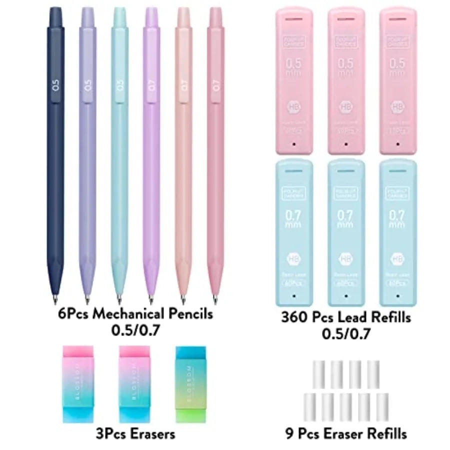 Cute Mechanical Pencil Set, 6PCS Pastel Mechanical Pencils 0.5 and 0.7mm with 360PCS HB Leads, 3PCS Erasers and 9PCS Eraser Ref