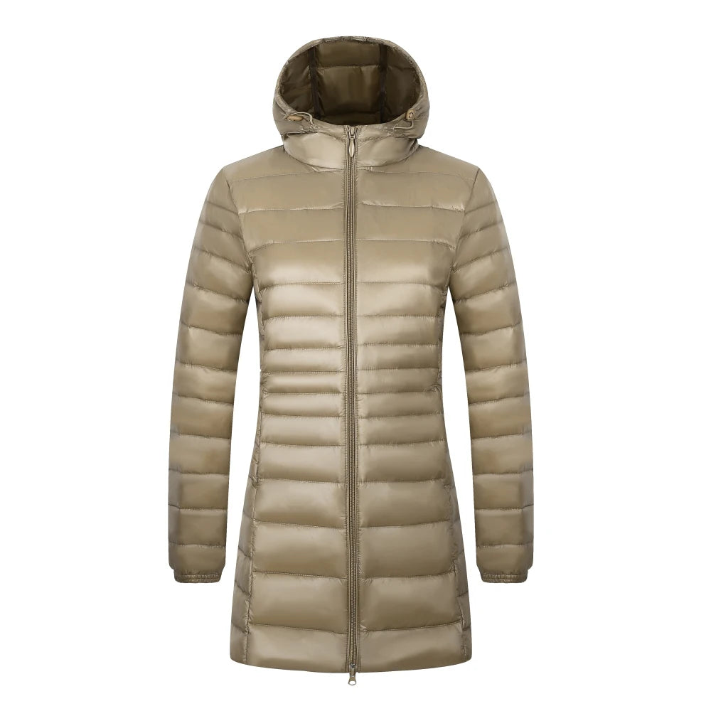 Women's Long Puffer Coat with Storage Bag - Light Hip-Length Jacket - photo 10