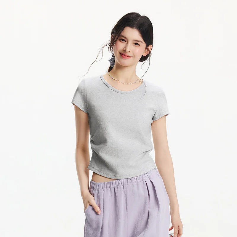 Semir Short Sleeve T-Shirt Women Cropped Slim Fit Shoulder Fit Design 2026 New Summer Embroidered Top Versatile for Chic Outfits