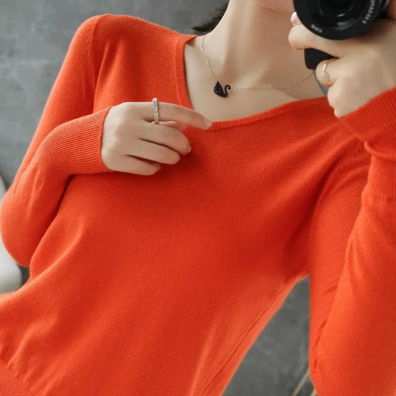 Women Sweater 2026 Spring Autumn Warm Winter Slim Fit Bottoming Shirt V-neck Korean Knitted Tops Casual High Strecth Jumpers