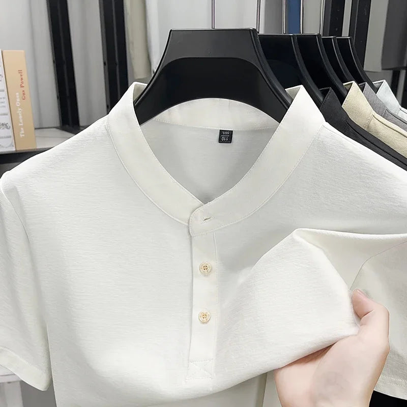 Men's Mandarin Collar Henley - Short Sleeve, Breathable Slim Fit