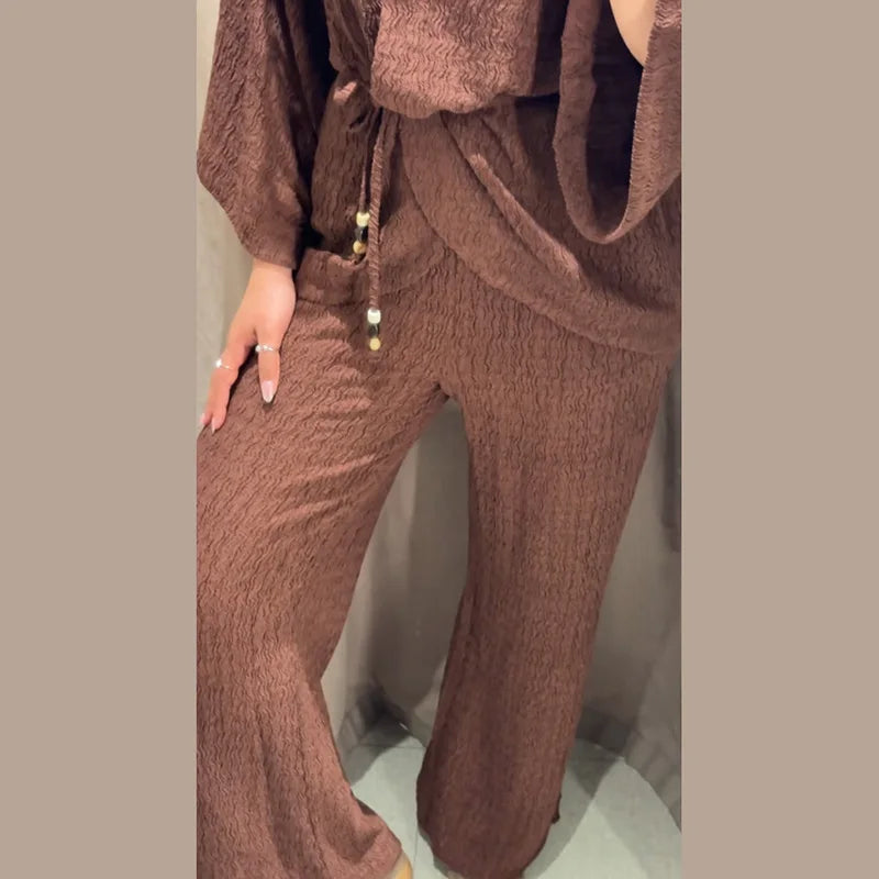 V-Neck Lace-Up Shirt & Wide-Leg Trousers Set — 2-Piece