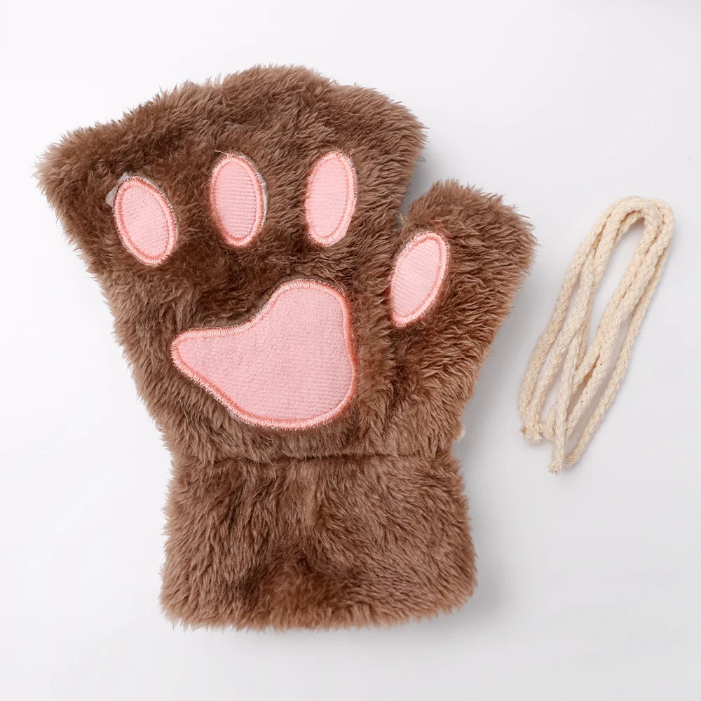 Women's Cat Paw Plush Mittens, Fingerless