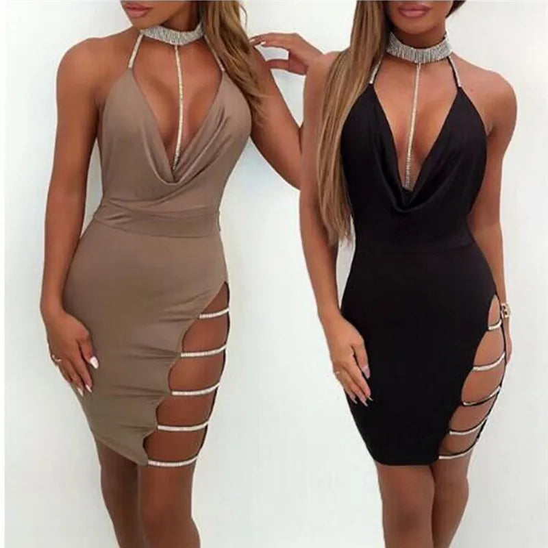 Women's Deep V-Neck Backless Side Split Bodycon Mini Dress – Silver Collar Club & Party Dress | S–XL (Black, Khaki)