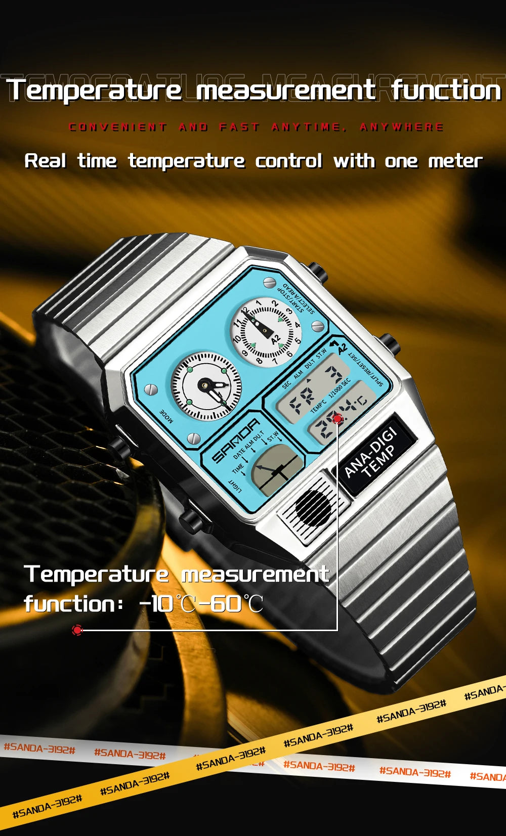 SANDA 3192 Men's Sport Watch – Analog-Digital LED, Waterproof, Stainless Steel