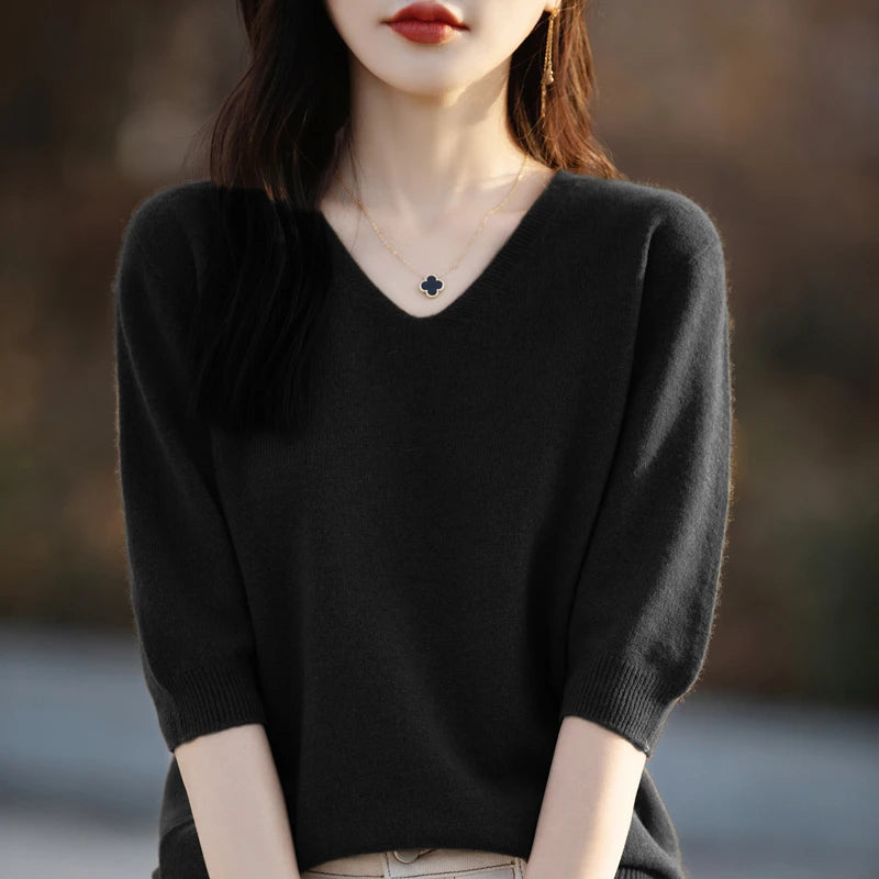 RONGYI Spring/Summer 2026 Ladies Sweater Pullover Solid Color V-neck Half-sleeved Knitted Cashmere Sweater Thin Casual Top