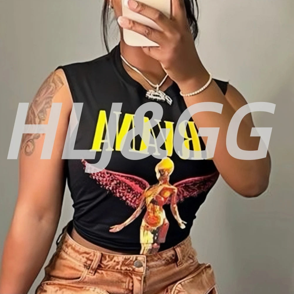 HLJ&GG Black Fashion Graphic Printing Loose T Shirts Women Round Neck Sleeveless Tops Summer New Female Hip Hop Streetwear 2025