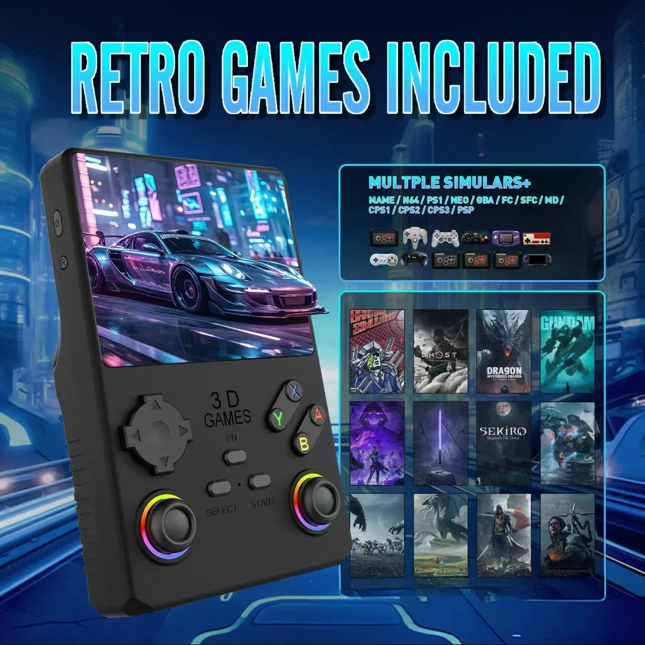 2026 V40MAX Handheld Game Console 4'' IPS Screen 4000mah Battery Joystick RGB lighting Effect 256GB with more than 40000 games