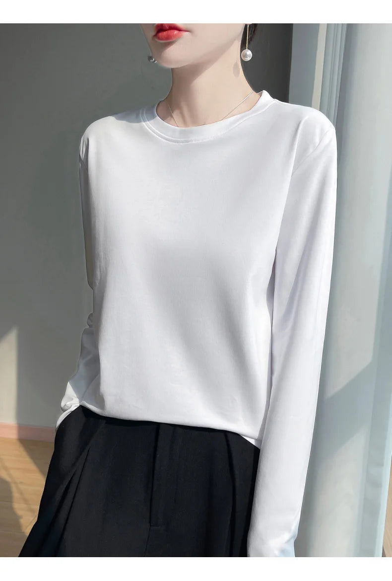 Spring And Summer New Mercerized Cotton Long Sleeve T-shirt Women's Round Neck Loose 100% Cotton Bottoming T-shirt