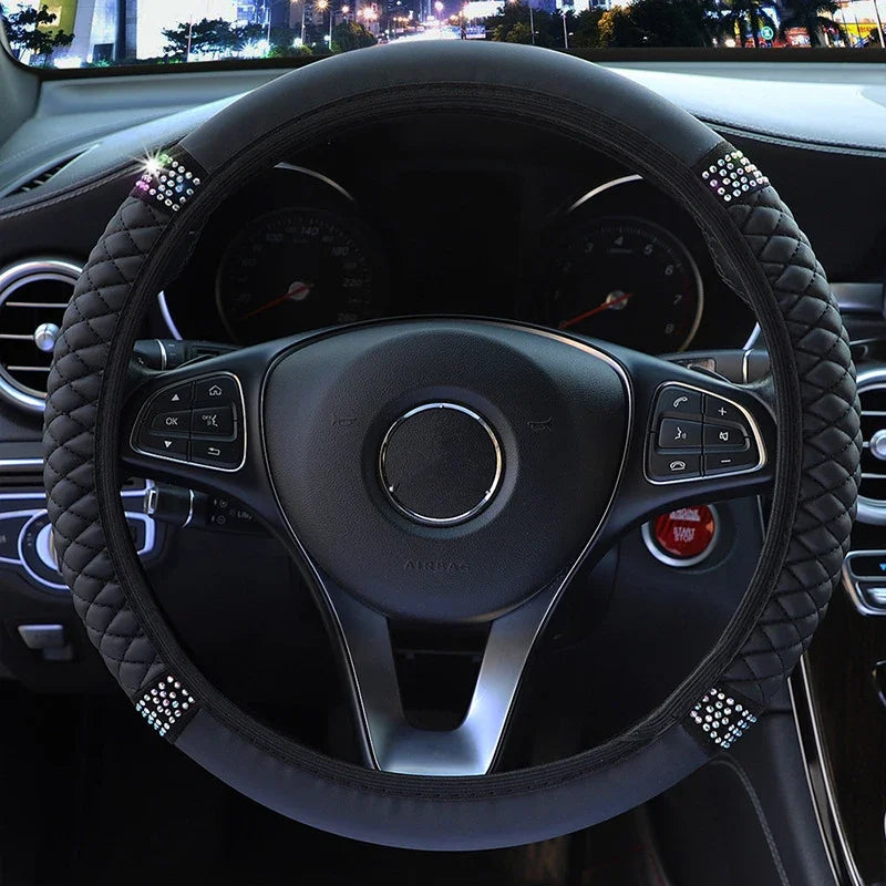 Universal Car Steering Wheel Cover 37-38cm Leather Embroidered Color Diamond-Studded Elastic Four Seasons Steering Wheel Cover