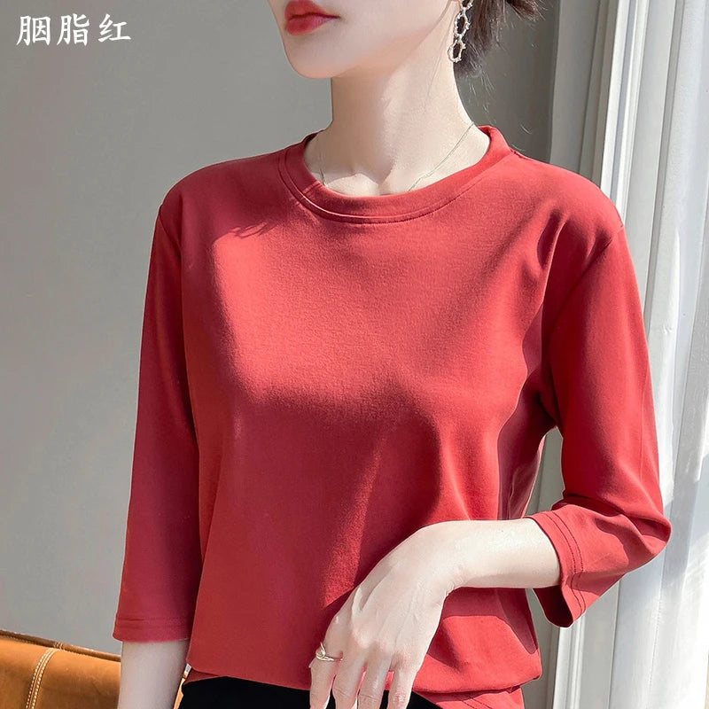 Women's Mercerized Cotton T-Shirt — Loose Round-Neck Half-Sleeve Top