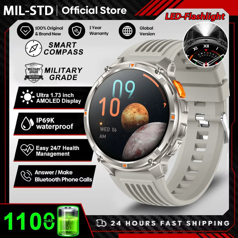 2026 New 1100mah AMOLED Smart Watch Men 170+Sport Fitness LED Flashlight IP69 Waterproof Bluetooth call GPS track Smartwatch iOS