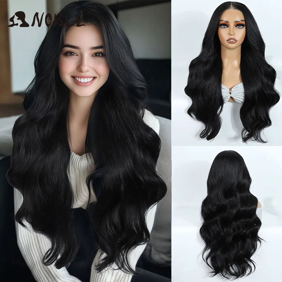 Noble Synthetic Lace Front Wigs For Woman Long Body Wave Wear and Go Glueless Wig Ombre Brown 6x4 Pre Plucked Pre Cut Lace Wig