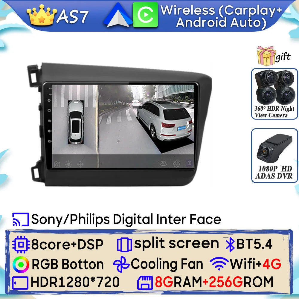 Car Stereo with Apple CarPlay & Android Auto, Compatible with Honda Civic 9 (2012-2015)