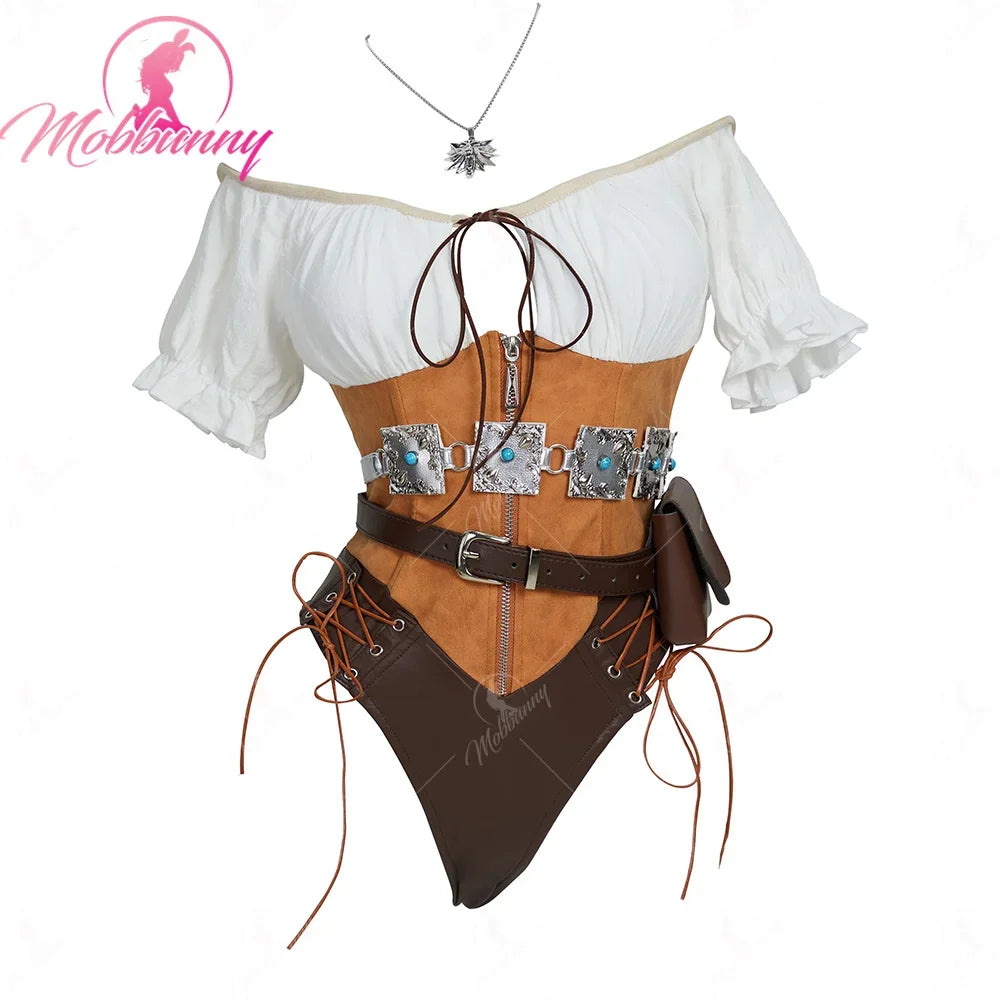 MOBBUNNY Women's Ciri Derivative Cosplay Costume Sexy Bodysuit Medieval Halloween Lingerie Set Bodycon with Belt Gloves and Bag