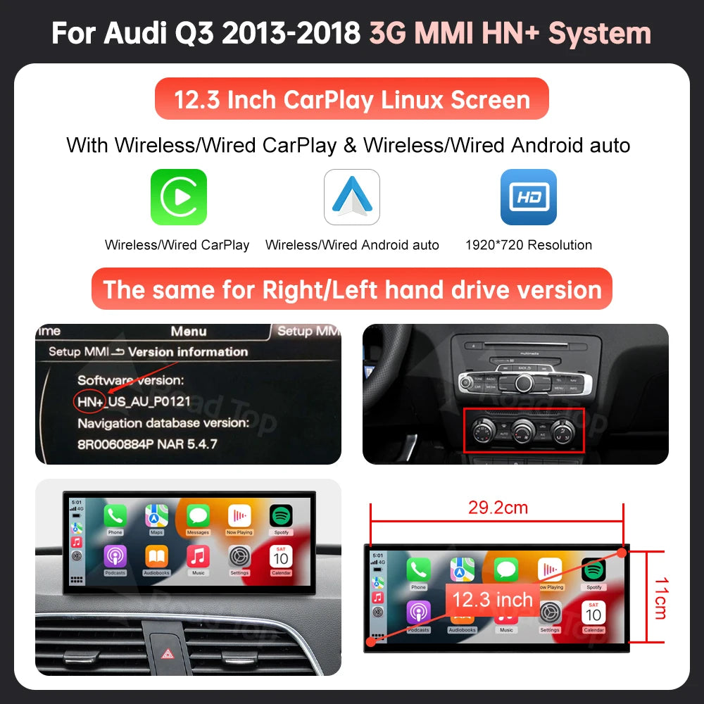 12.3" Wireless CarPlay & Android Auto Display Screen, Compatible with Audi A1 & Q3 (2012-2018)