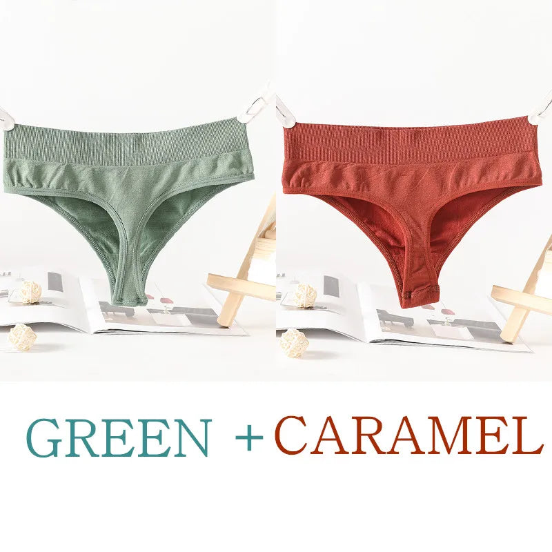 2PCS/Set G-String Seamless Panties Women Thongs Sexy Lingerie Solid Color Female High Waist Thongs Women's Underwear