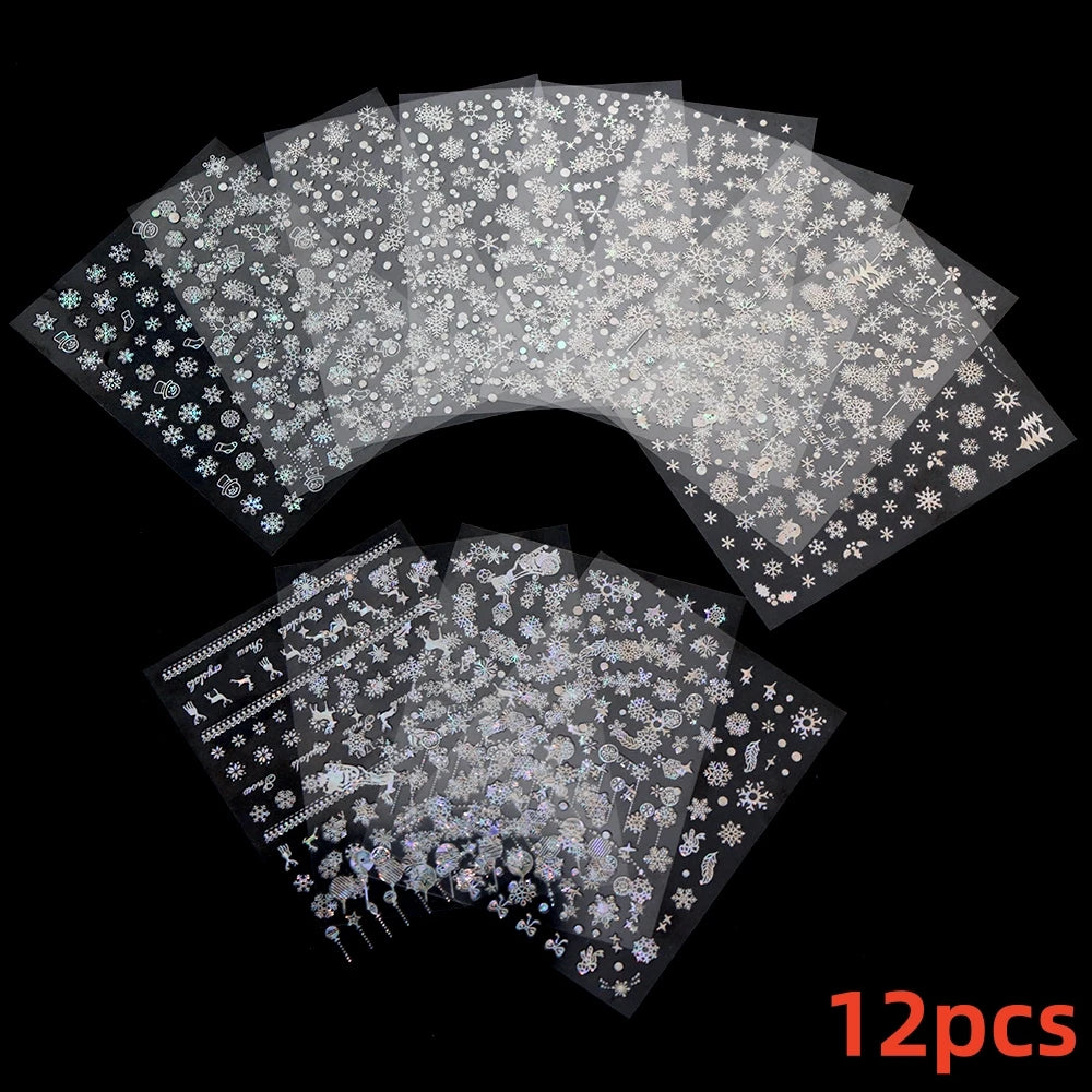 12pcs 3D Snowflake Nail Stickers Red Christmas Designs Nail Art Decals Geometric Lines New Year Winter Gel Foils Sliders Decors*