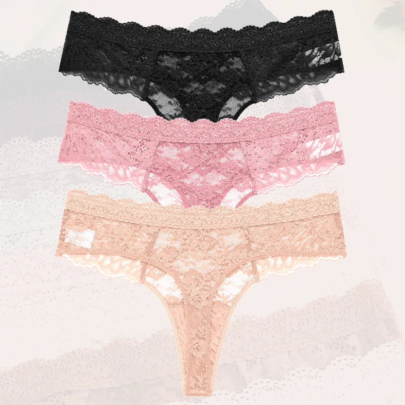 3-Pack Floral Lace Thongs – Soft Low-Rise Seamless Panties