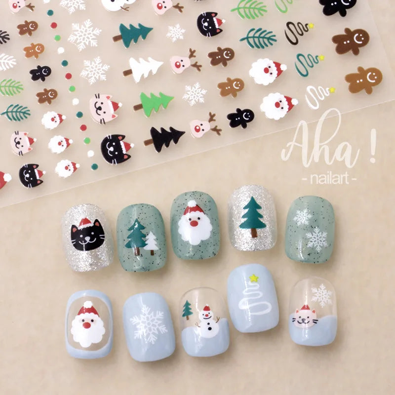 1pcs 5D Embossed Snowflakes/Snowman/Santa Claus/Reindeer Nail Art Stickers Self-Adhesive Cute Christmas Nail Art Decals 8*10CM