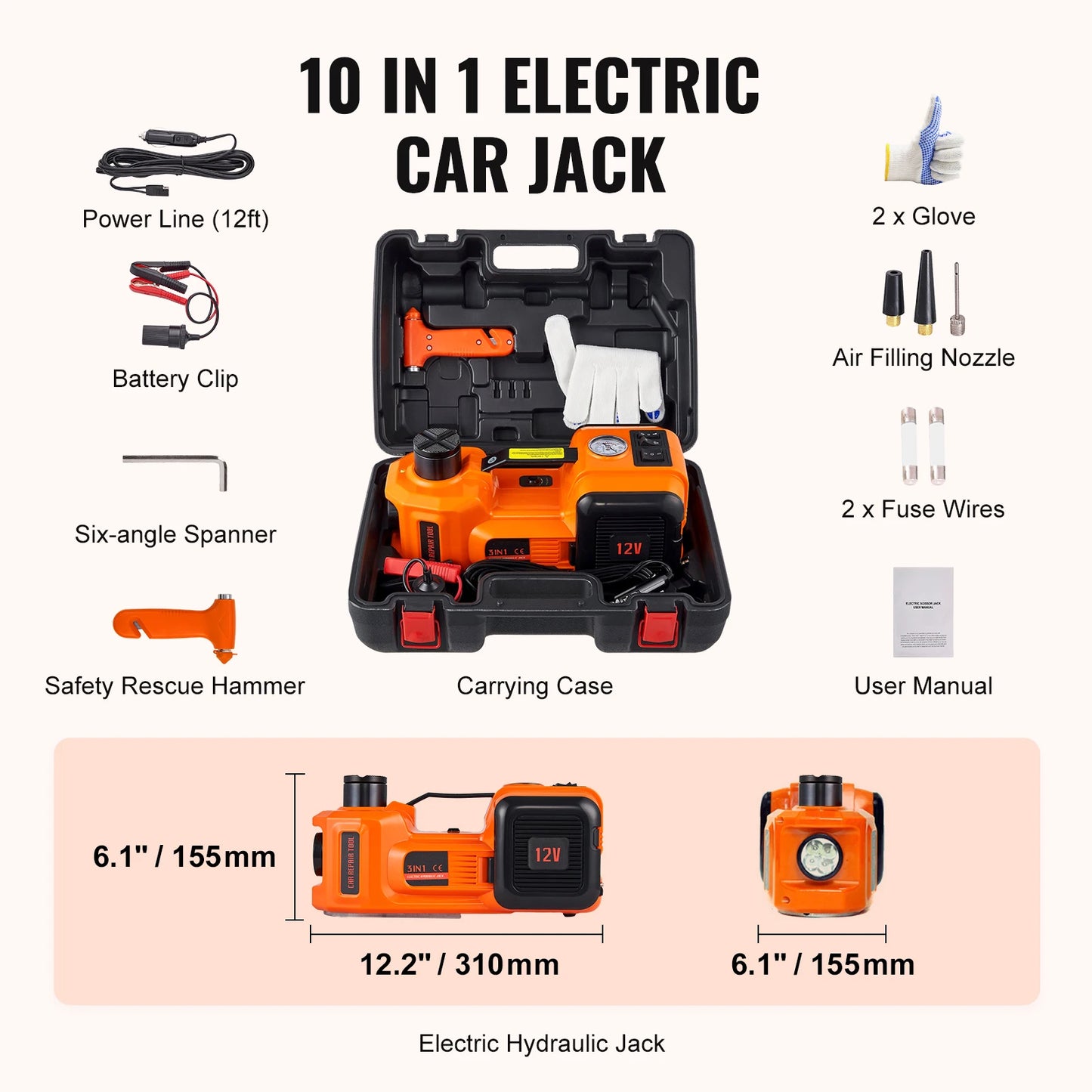 Electric Car Jack 3/5 Ton 12V – Scissor & Hydraulic Jack with Tire Inflator for Truck & SUV