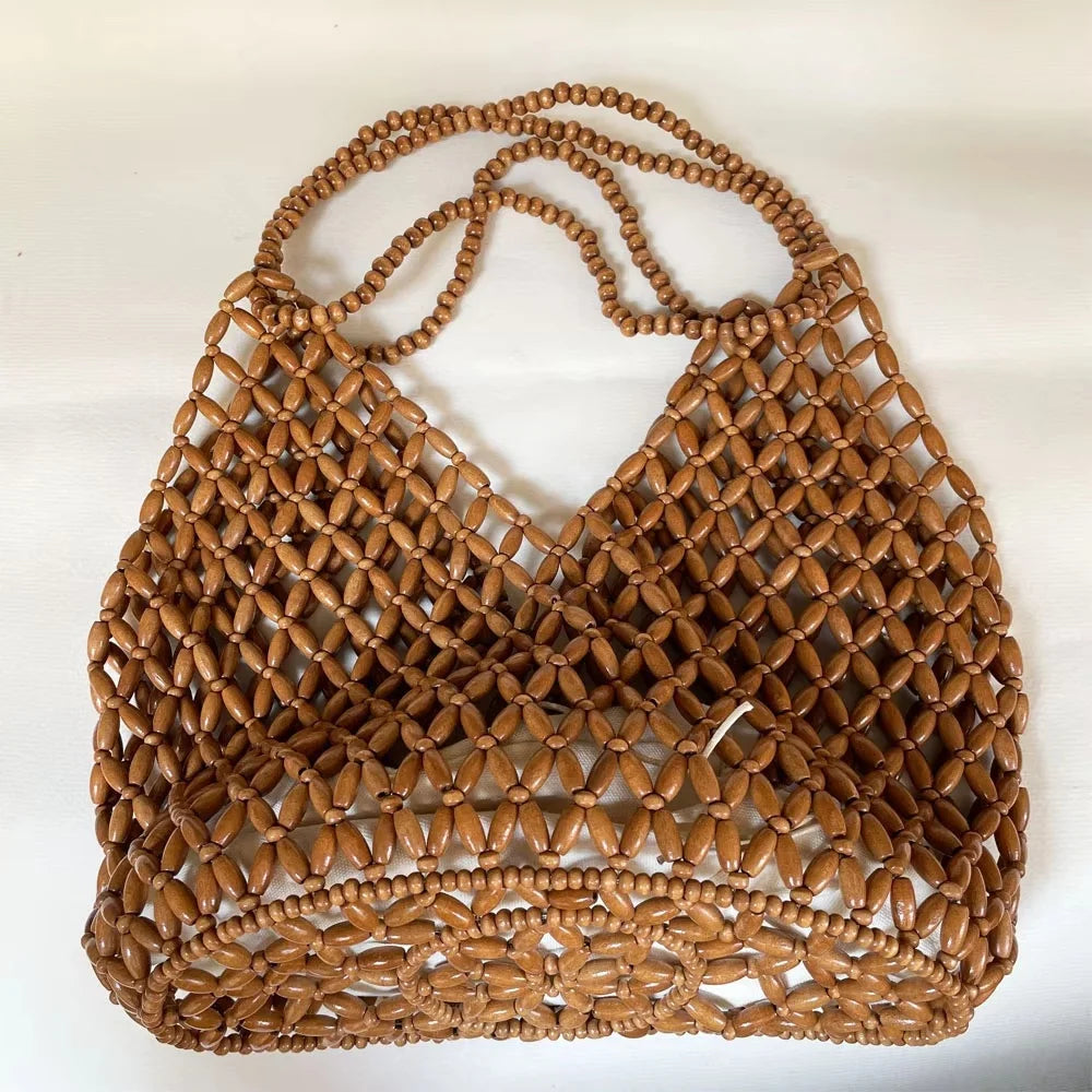 Women's Handmade Wooden Beaded Handbag - Hollow Woven Shoulder Bag - photo 2