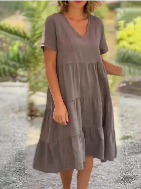 Cotton Linen Casual Women's Dresses 2026 Spring/Summer Sweet  Short Sleeve Solid V-neck Large Swing Loose Dress  S-5XL