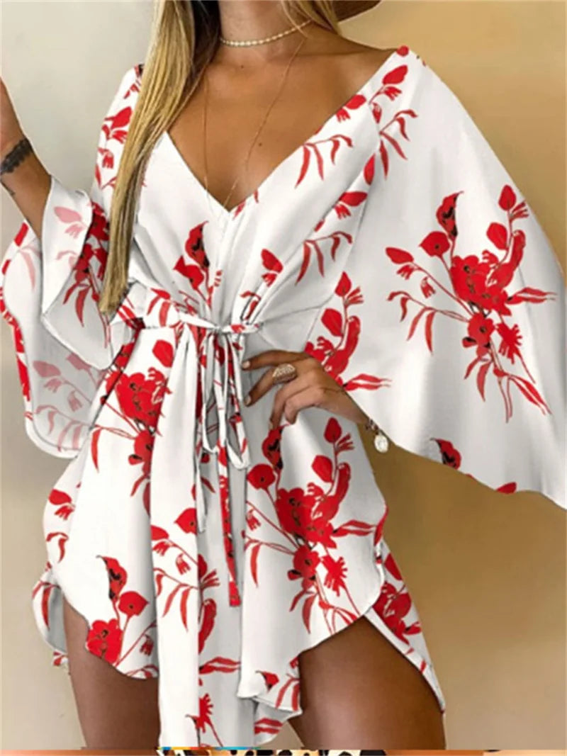 Women's Floral Print Bohemian Beach Sundress – V-Neck Bat Sleeve Ruffle Loose Summer Mini Dress
