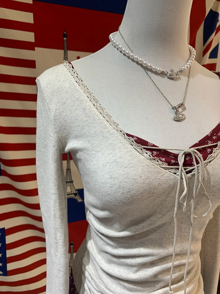 Bandage Lace Trim Long Sleeve T-shirt Autumn Sexy V-neck Cotton Slim Tshirt Top Female Casual Simple Solid Elegant Woman's Tees