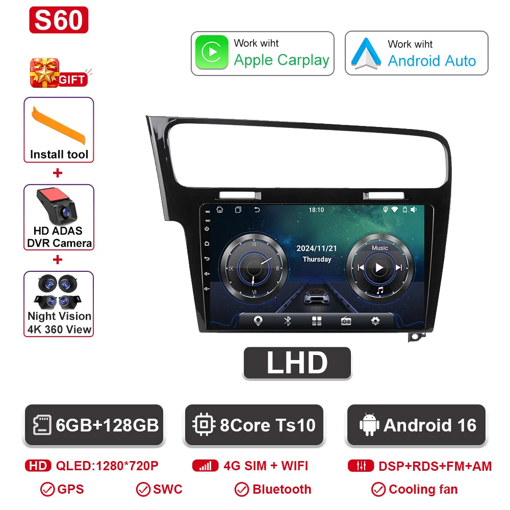Android Car Stereo for VW Golf 7 MK7 GTI (2012–2021, RHD) — CarPlay, Android Auto, GPS, 2-DIN