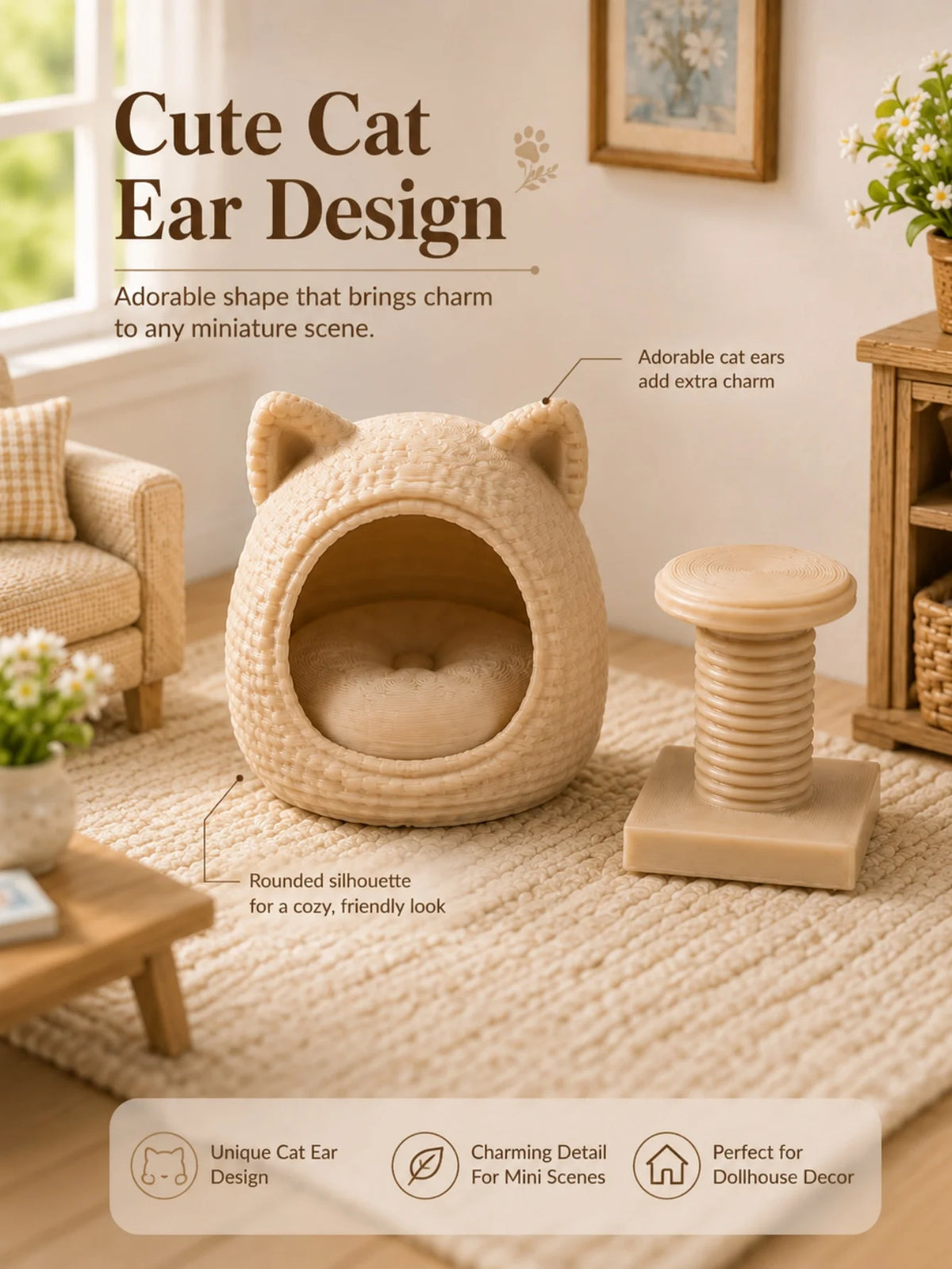 Set of 2 Miniature Cat Beds, Cat Tree Model—Perfect for Miniatures Enthusiasts and a Creative Gift for Cat Lovers.
