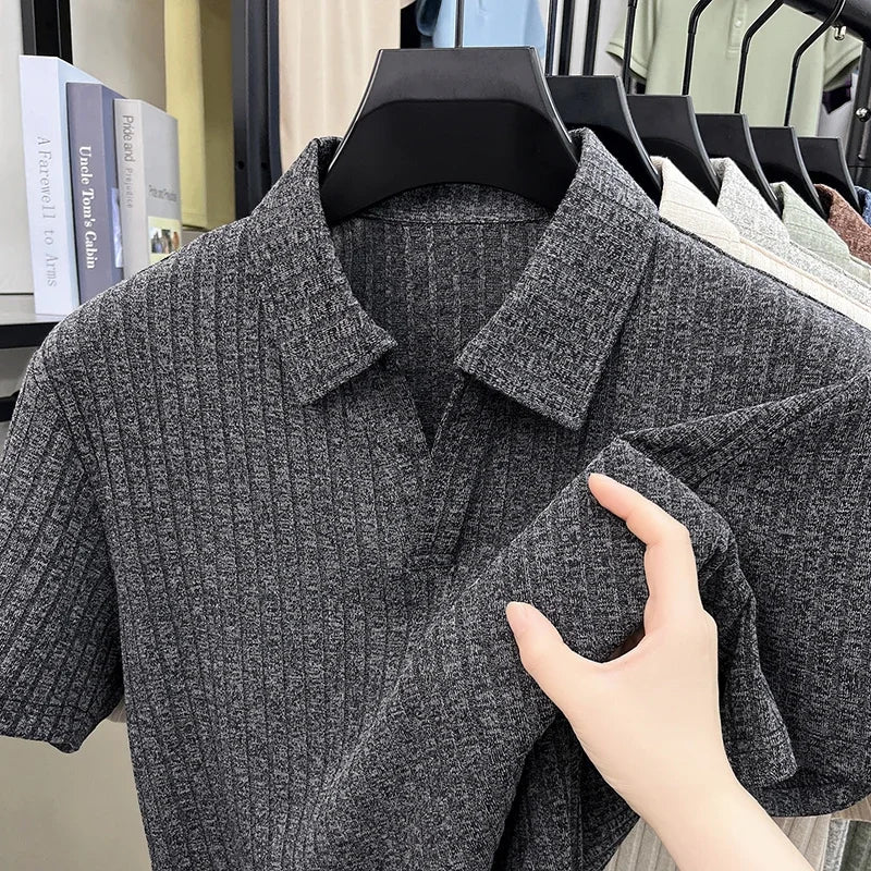 Men's Ribbed Knit Polo - Vertical Stripe, Breathable Business