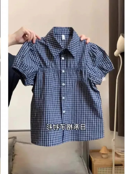 Japanese Plaid Puff Sleeve T Shirt and Cardigan Set Women Summer 2025 Casual Loose Fit Retro Blouse Vintage Sweet Girl Outfit