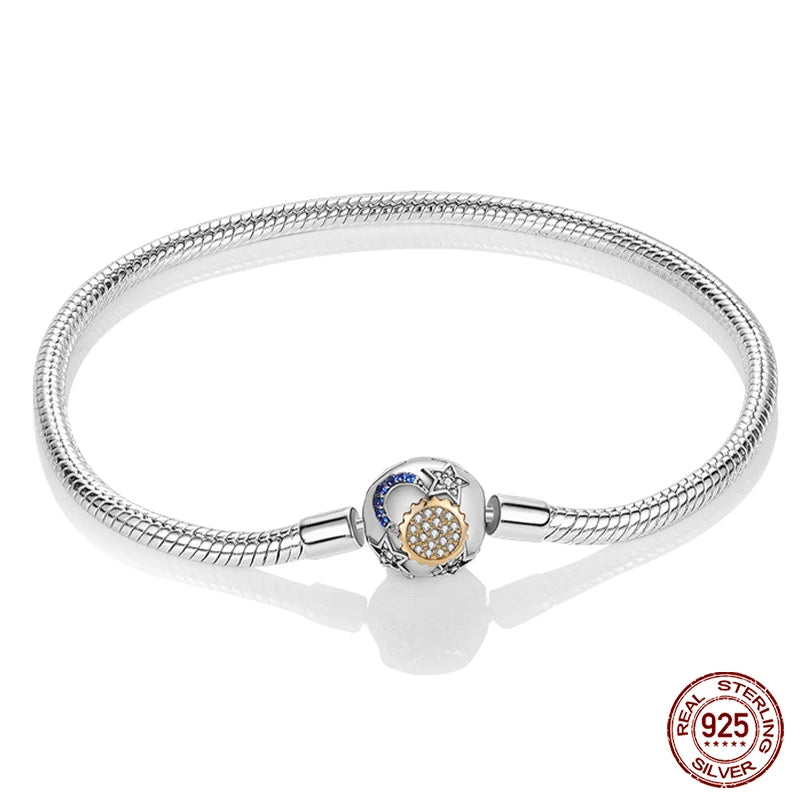 925 Sterling Silver Charm Bracelet – Star Moon Sun Four Leaf Clover Zircon | DIY Birthday Gift for Women (17-20cm)
