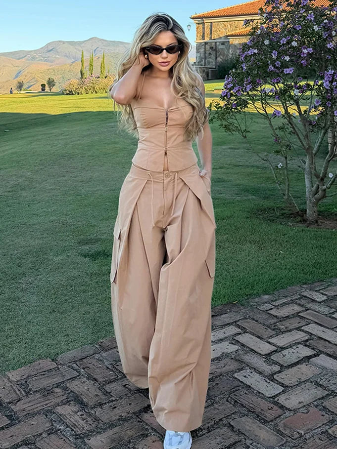 Corset Cami & Pleated Wide-Leg Pants Set — Y2K 2-Piece