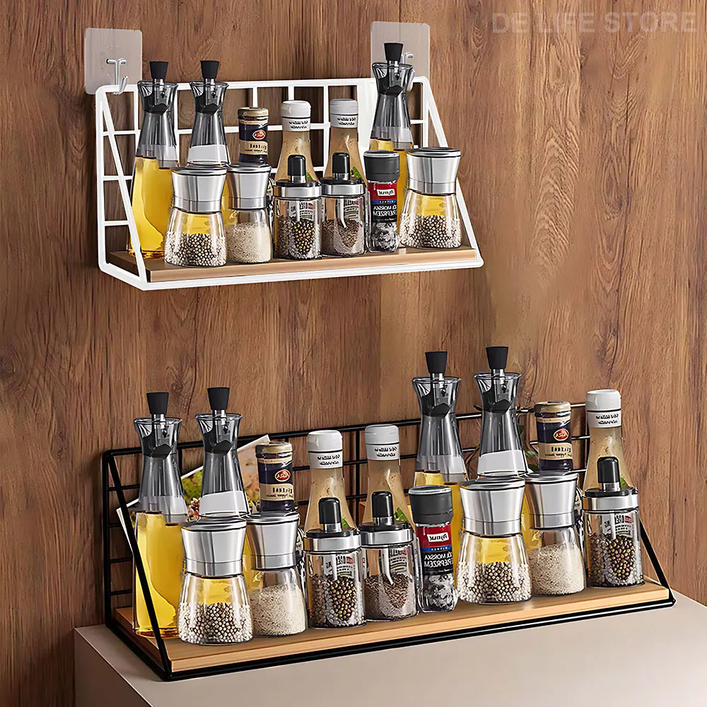 Hanging Wooden Spice Rack - Wall-Mounted Seasoning Jar Shelf