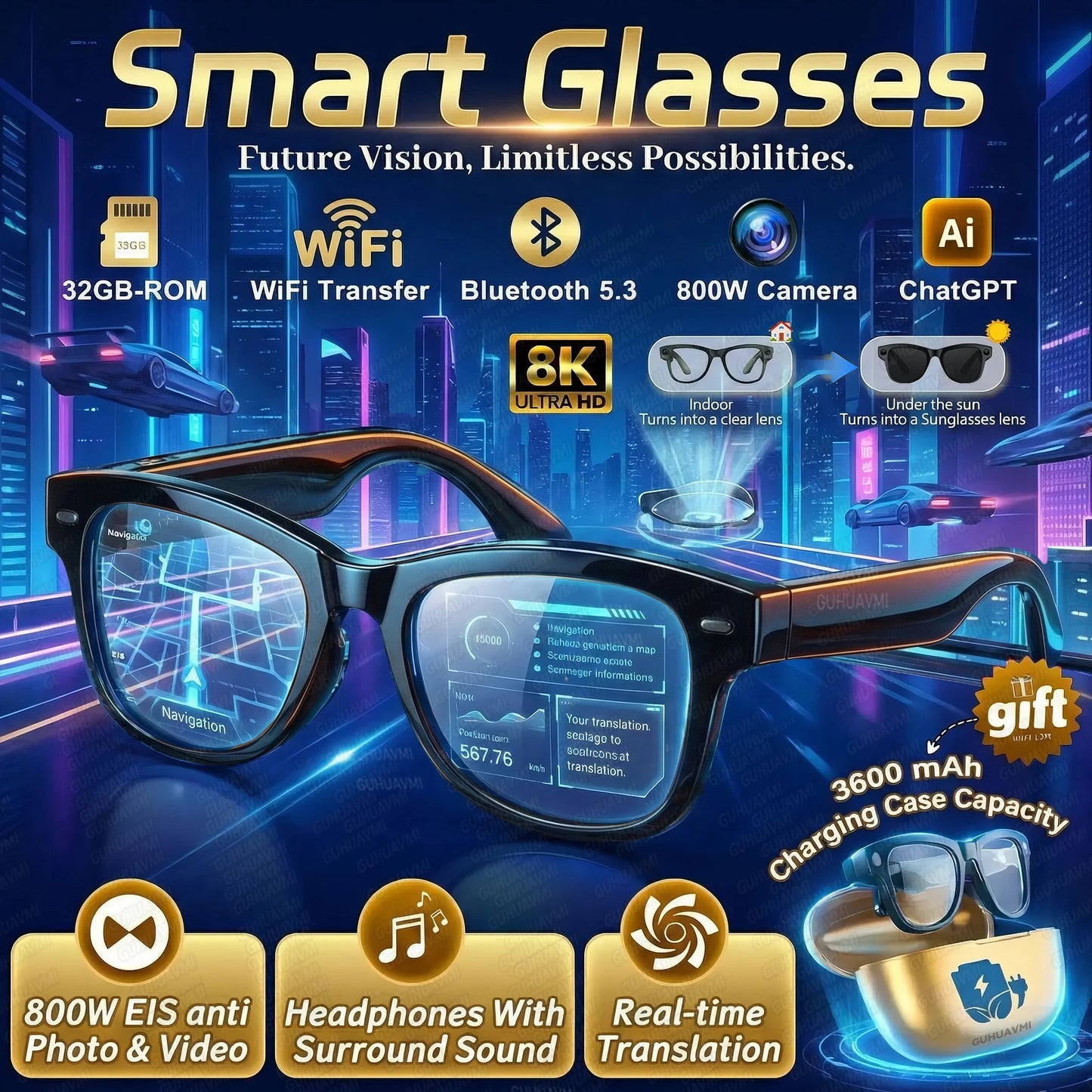 AI Smart Glasses with 4K Camera & Language Translation