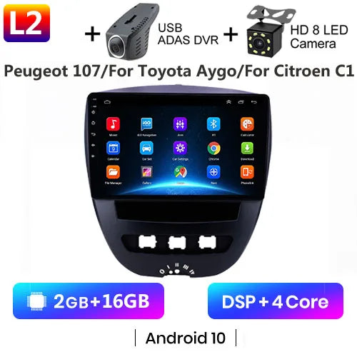 Android 10 2 Din Car Multimedia Player For Peugeot 107 Toyota Aygo Citroen C1 2005-2014 Head Unit Stereo GPS Navigation BT WIFI