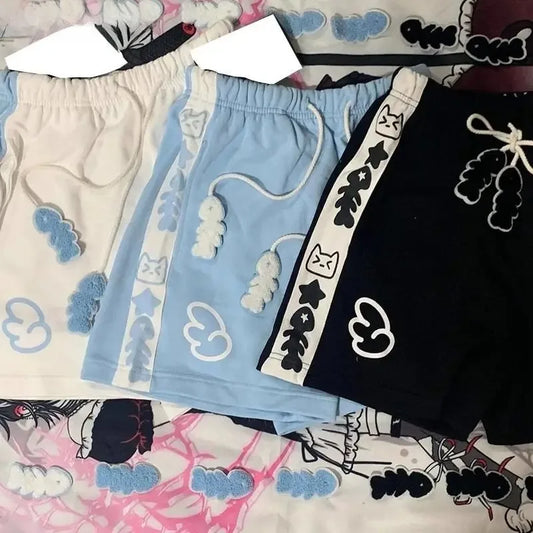 Summer Japanese High Waisted Shorts Women Cute Cat Cartoon Print Cotton Short Pants Casual Fashion Female Bottoms Shorts New