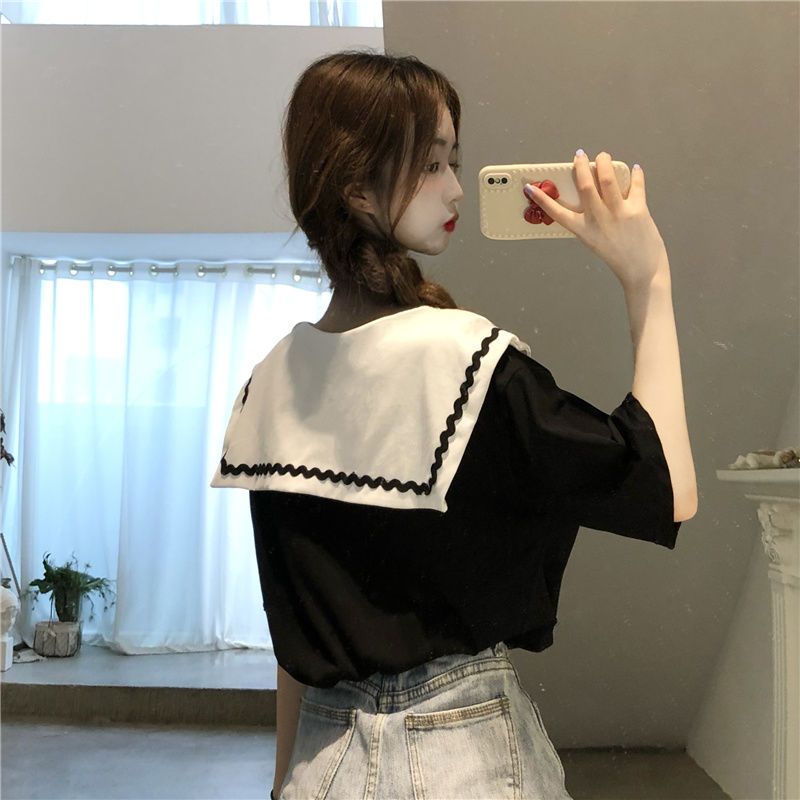 Sailor Collar T-shirts Women Baggy Kawaii Clothes Panelled Temper Designer Aesthetics Japanese Stylish Summer Vintage Футболка