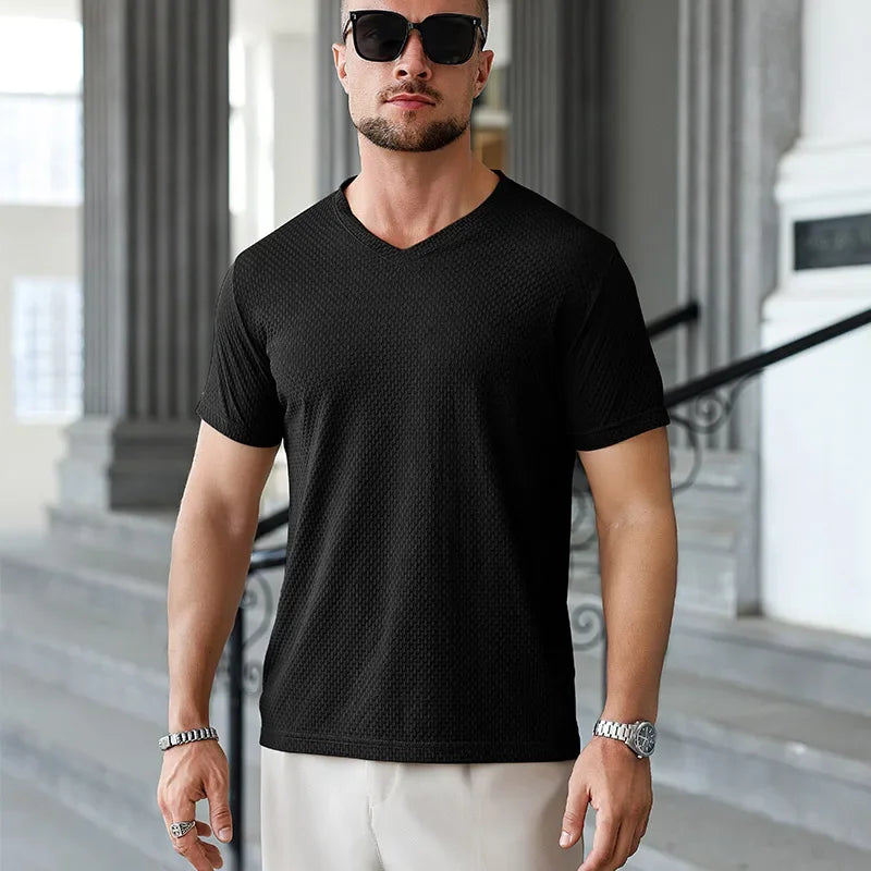 Men's Ice-Silk V-Neck Tee - Jacquard Quick-Dry, Casual Daily Wear
