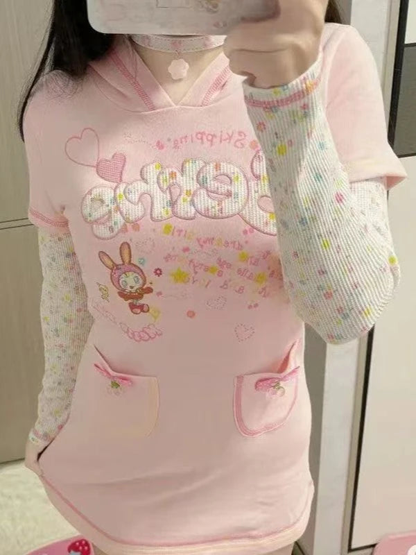 2026 Summer Japanese Kawaii Hooded T Shirts Women Y2k Hooded Short Sleeve Cartoon Print T-shirt Tops Casual Fashion Sweet Tees