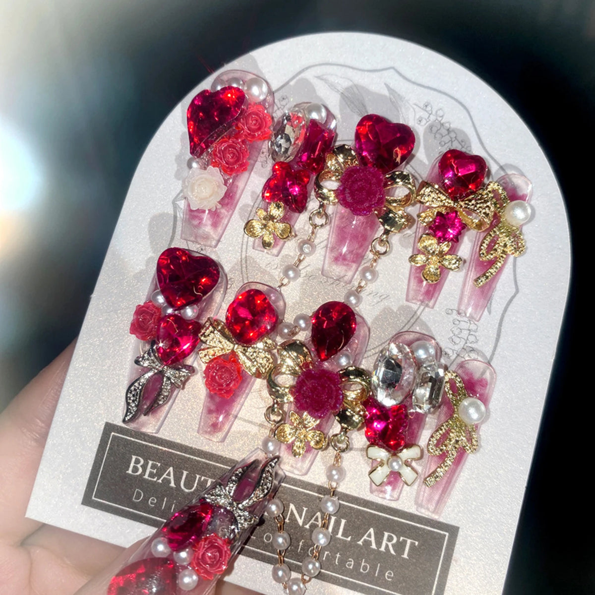 24pcs New Year Long Artificial Fake Nails Glossy Rose Pink 3D Flower Love Heart Bowknots Decor Press On Nails Charm False Nail