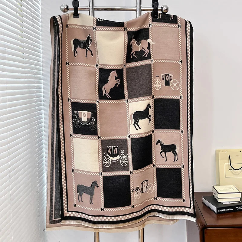 Women's Horse Print Poncho Shawl Wrap, Thick Winter Scarf