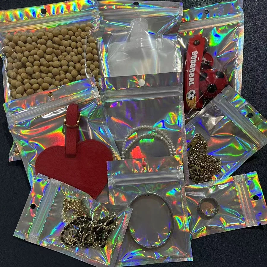 50/10PCS Laser Sealing Bags Plastic Holographic Candy Food Pouch Resealable Necklace Jewelry Gift Packaging Kitchen Storage Bag