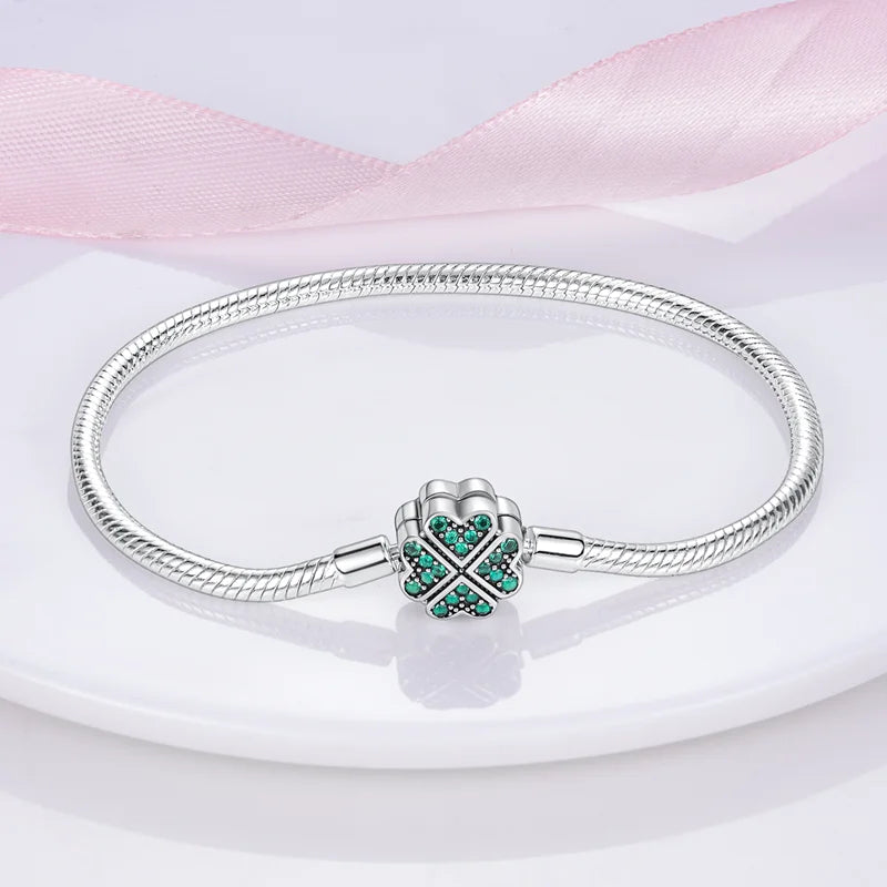 925 Sterling Silver Charm Bracelet – Star Moon Sun Four Leaf Clover Zircon | DIY Birthday Gift for Women (17-20cm)