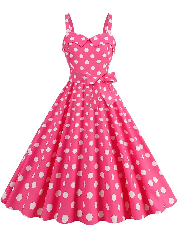 Women's Polka-Dot Puff-Sleeve Midi Sundress — Vintage Square-Collar Dress