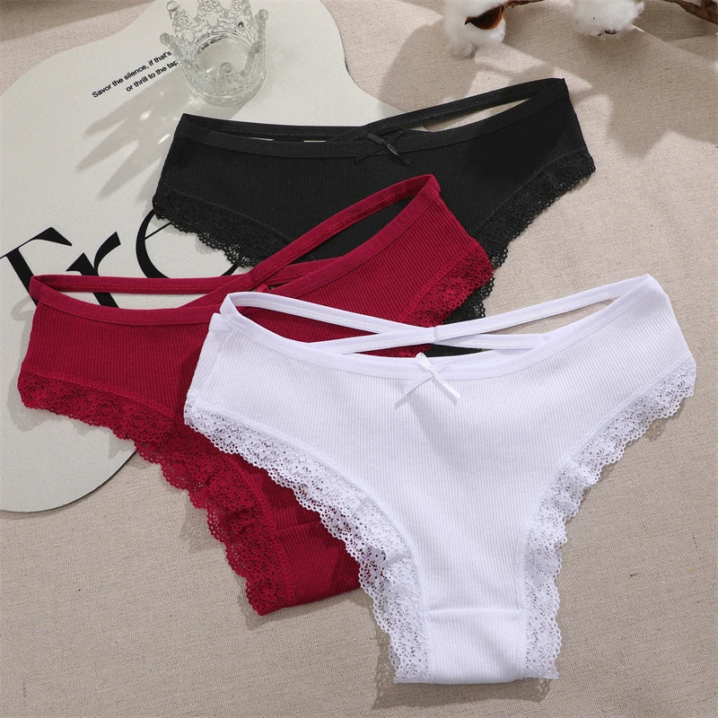 2PCS Cotton Panties for Women Sexy Lace Brazilian Briefs Female Low-Waist Cross Webbing Underpants Stretch Breathable Intimates