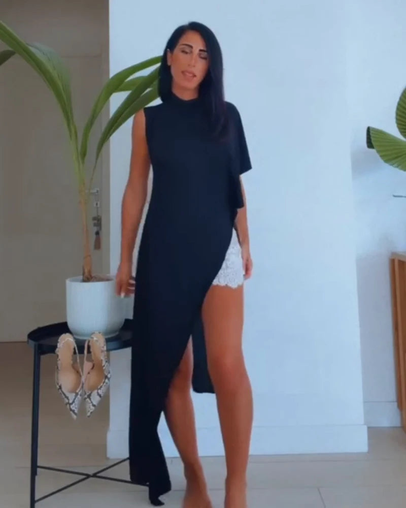 Women's Dress 2026 New Fashion Spring Summer Black Asymmetric Ruffle Dress for Women Casual Chic Personality Top